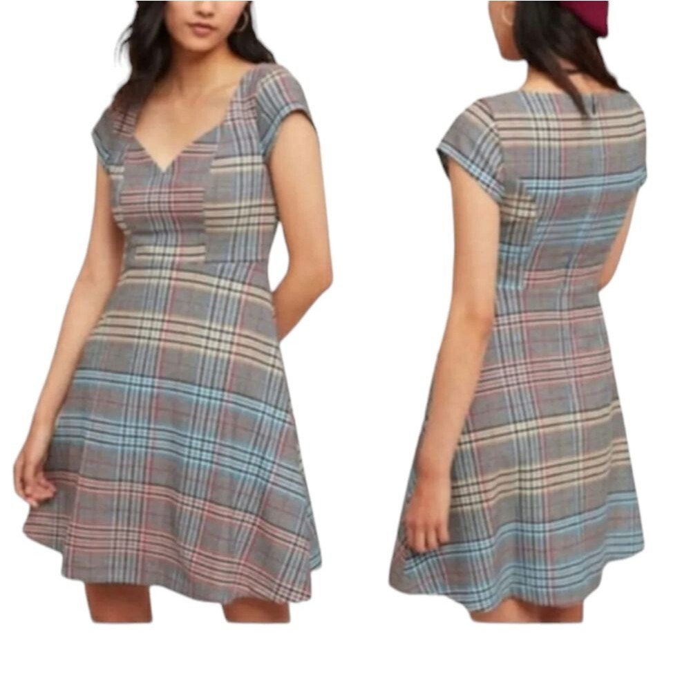 Moulinette Soeurs Anthropologie Gray Blue Black Checked Plaid Dress 14 NWT
